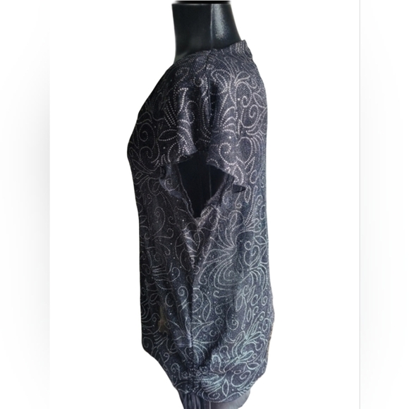Champagne Black Sheer Silver Dot Patterned Short Sleeve Top L - Picture 6 of 7